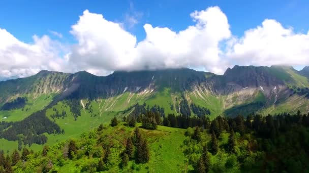 Aerial Shot Alpine Landscape Switzerland Spring Forest Alpages Summits Background — Stock Video