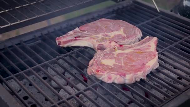 Zoom View Aged Well Marbled Raw Steaks Charcoal Barbecue — ストック動画
