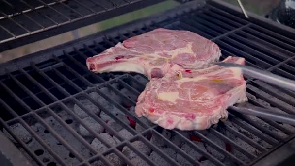 Raw Steaks Grilling Charcoal Barbecue While Seared One Side — 图库视频影像