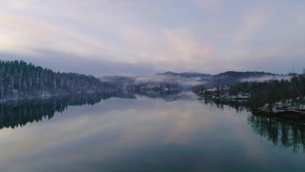 Aerial View Winter Lake Reflection Fog Sunset — 图库视频影像