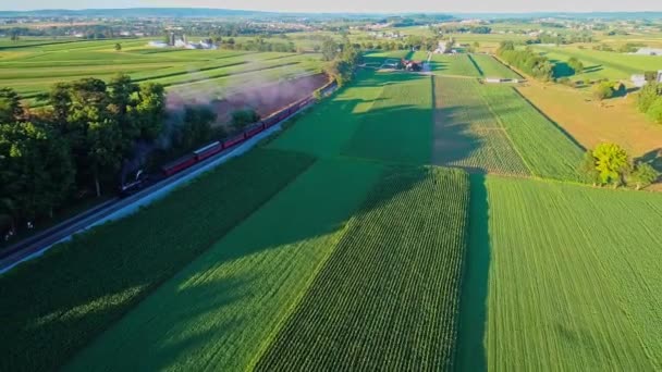 Tren Geçerken Amish Çiftlik Arazileri Kırsal Yoluyla Güneşli Bir Yaz — Stok video
