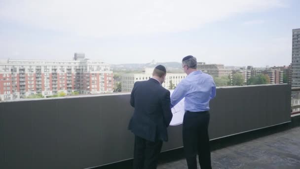 Two Jewish Businessmen Inspect Multi Level Construction Site Walking Checking — Stock video