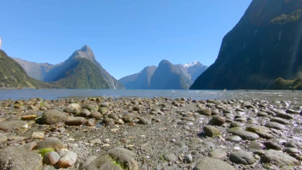 Panorama View Fiord Rocky Beach Ocean Mountains Background Milford Sound — Stock Video