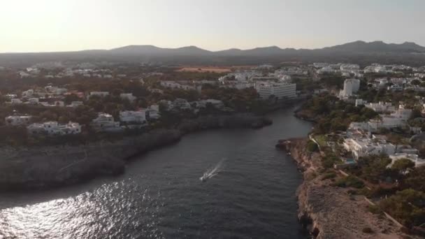 Aerial Boat Driving Out Bay Cala Mallorca Spain — 비디오