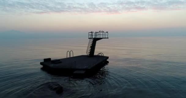 Luftaufnahme Von Möwen Beim Start Vom Sprungbrett Bei Sonnenuntergang Lake — Stockvideo