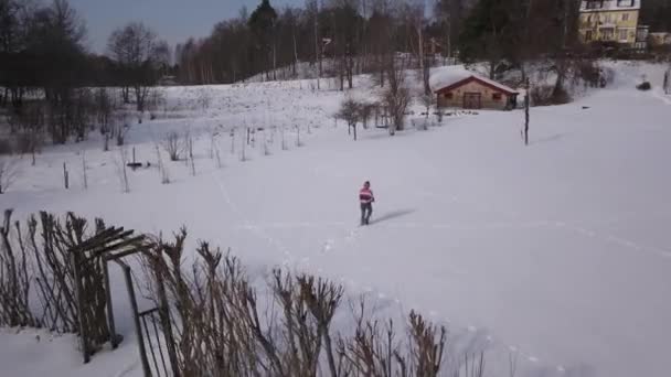 Adult Blonde Female Walking Old Farm Yard Middle Woods — Stok video