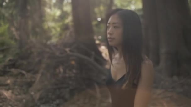 Средний Крупный План Снимок Азиатской Женщины Черном Исследующей Солнечный Лес — стоковое видео