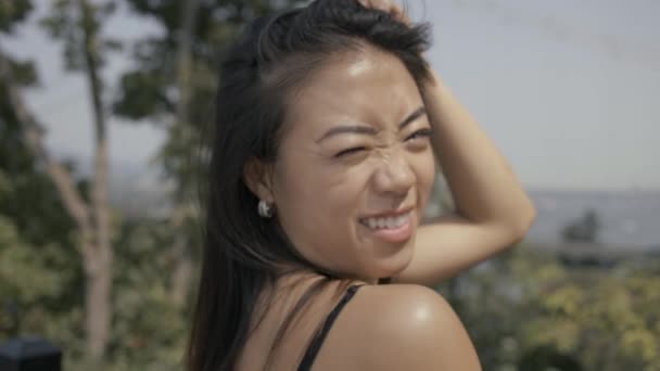 Closeup Asian Girl Doing Funny Faces Smiling Slowmo — Stock videók