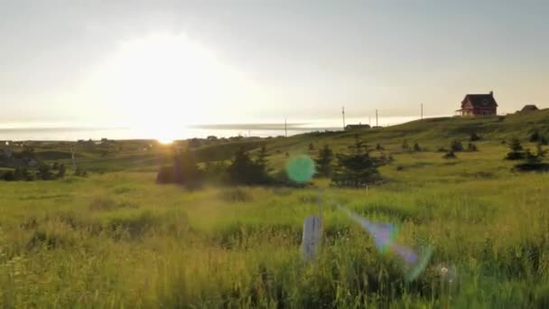 Magdalen Islands Landscape Sunset Amazing Light Flares Camera Moves Grassy — Video