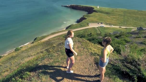 Two Women Talking Stand Overlooking Sea Park Far Sunny Breezy — Stock Video