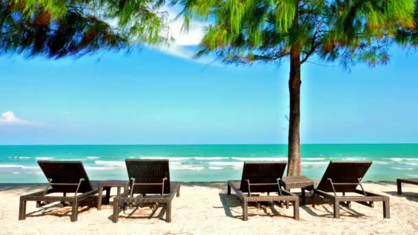 Ομπρέλα Και Καρέκλα Στην Παραλία Και Θαλάσσιο Τοπίο Για Ταξίδια — Αρχείο Βίντεο