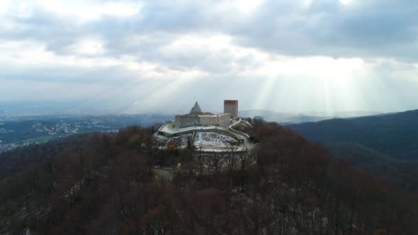 Aerial View Castle Hill Town Light Rays Shining Background — 图库视频影像