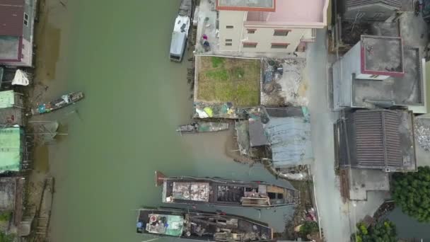 Aerial Top View Polluted River Village Asia — Vídeos de Stock