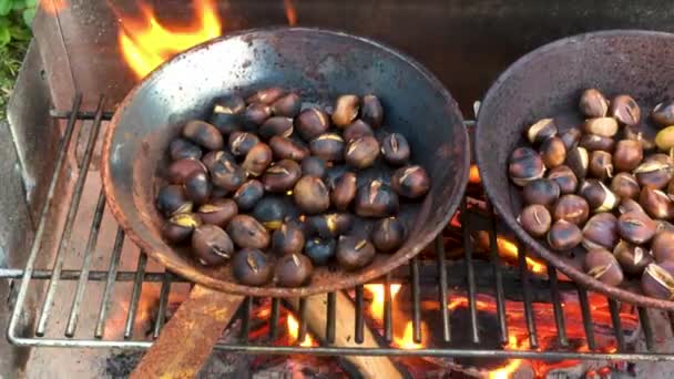 在露天火上烤栗子 季节性美味 Uhd 平底锅从左向右 — 图库视频影像