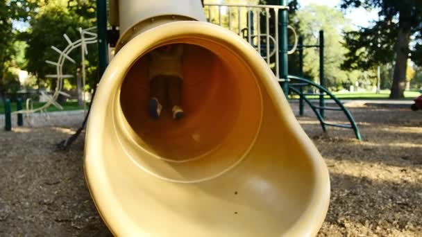 Children Sliding Yellow Tube Slide Smiling — Stock Video