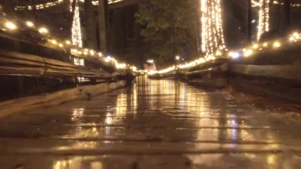 Rainy Boardwalk Στο Πάρκο Διακοσμημένα Ζεστά Χριστουγεννιάτικα Φώτα — Αρχείο Βίντεο
