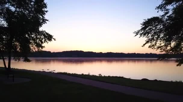 Aerial View Sunrise Reeds Lake Michigan Usa Boat Passes Frame — Stok video