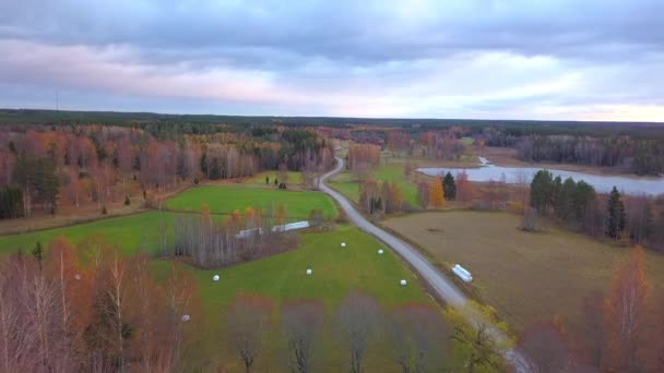 Luchtdrone Schot Het Platteland Naar Kleurrijke Herfstbomen Een Meer Een — Stockvideo