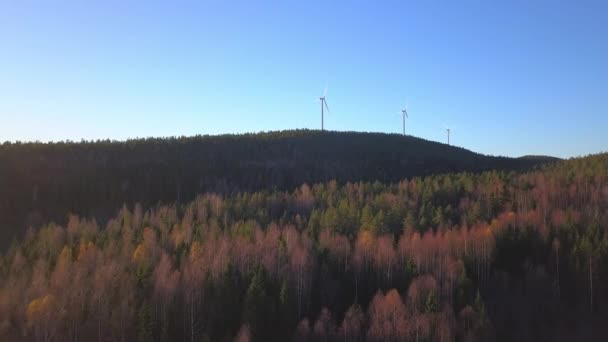 Aerial Drone View Leafless Trees Hill Heading Wind Power Generator — Stockvideo