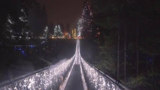 Wide Shot Suspension Bridge Decorated Christmas Lights Rainy Night — стоковое видео