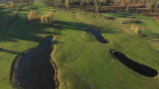 Avslöja Vacker Golfbana Uppifrån Med Små Sjöar Bunkrar Och Fairways — Stockvideo