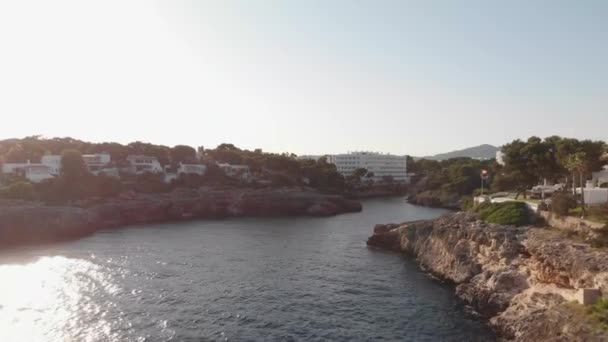 Aerial Flying Bay Coast Cala Dor Mallorca Sunset — стоковое видео