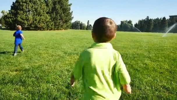 Little Boy Bright Green Shirt Chases His Brother Sprinkler Park — Stock Video