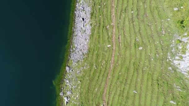 Top Aerial Shot Hiking Path Next Blue Mountain Lake Swiss — Wideo stockowe