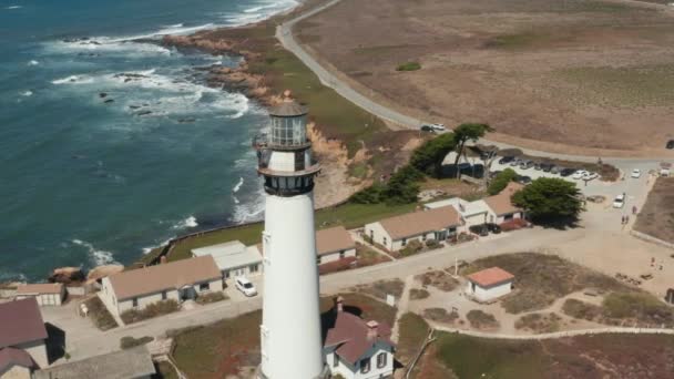 Aerial Rotating Pigeon Point Lighthouse Blue Pacific Coast Background Ear — Wideo stockowe