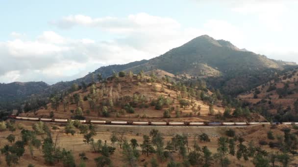 Long Cargo Train Passing Mountains Tehachapi California Aerial — Vídeo de stock