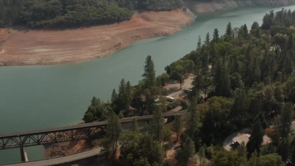 Aerial View Shasta Lake Bridge Northern California Low Water Levels — Stock Video