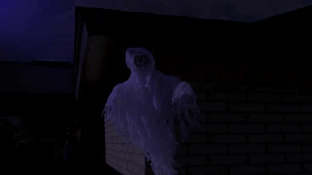 Halloween Skeleton Ghost Red Glowing Eyed Blows Night Wind — Vídeo de stock