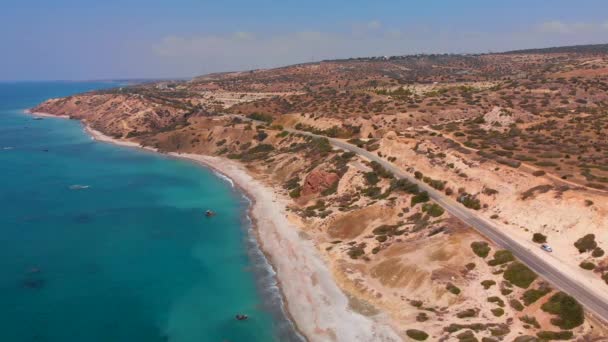 Aerial Static Shot Looking Mediterranean Sea Beach Coast Paphos Cyprus — Stockvideo