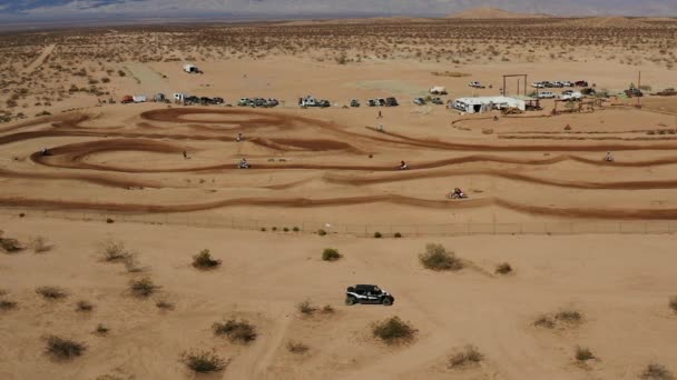 Aerial View Motorcycles Racing Dirt Track Mojave Desert Slow Motion — Stock Video