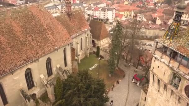 Drone Shot Forward Motion Capturing Glimpse City Sighisoara Afternoon — 图库视频影像