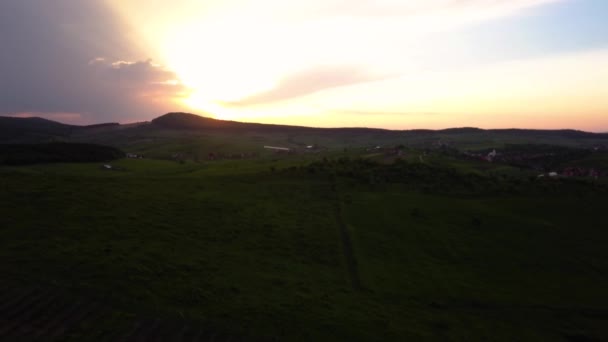 Aerial View Sunset Hill Transylvania Romania — Vídeos de Stock