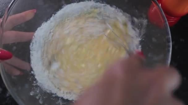 Top View Woman Whisking Eggs Flour Glass Bowl Close — Video Stock