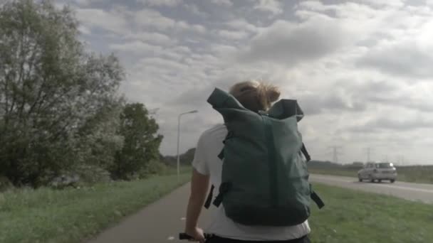 Woman Cycling Road Typical Dutch Village Countryside Bicycle Lane Road — Stock Video