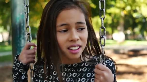 Eleven Year Old Girl Attitude Bullies Someone Out Frame Swing — ストック動画