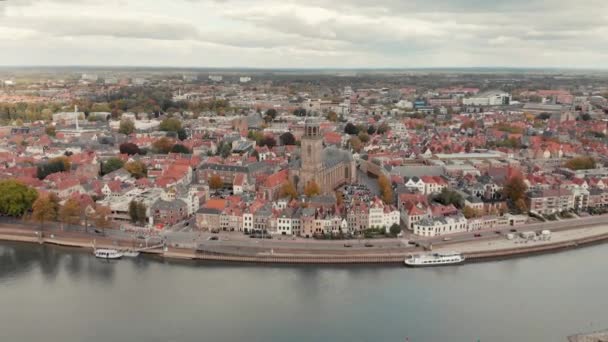Aerial Drone Shot Closing Dutch Medieval City Deventer High Altitude — Stock Video