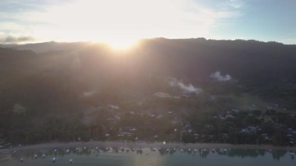 Aerial Fishing Village Sun Rising Hilltop Philippines Tracking Shot — Stock video