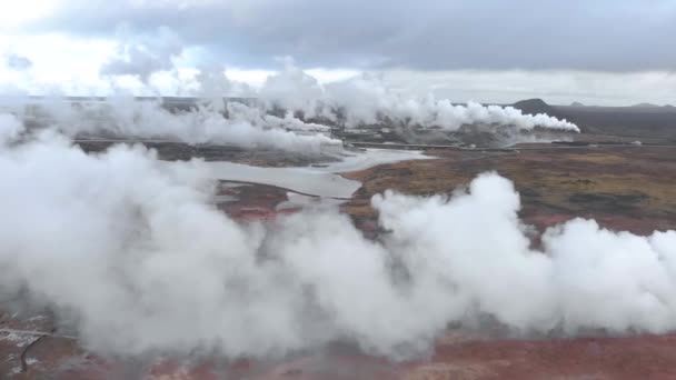 Aerial Shot Flying Steam Geothermal Power Station — Stock video