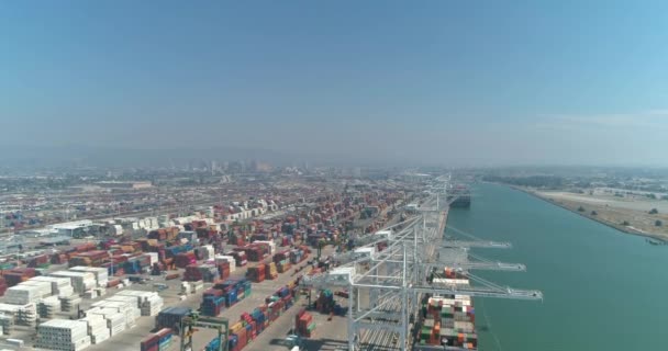 Aerial View Container Ships Lifting Cranes Port Oakland California — Stock video