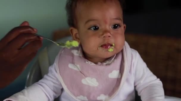 Una Bambina Che Viene Nutrita Mentre Seggiolone — Video Stock