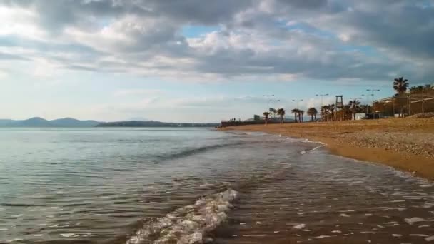 Close Aerial Shot Flying Beach Athens Greece Waves Crashing Sand — Wideo stockowe