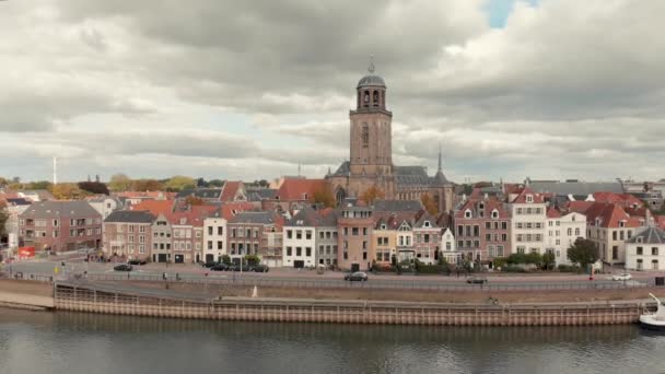 Aerial Drone Shot Backing Dutch Medieval City Deventer Revealing River — Stock Video