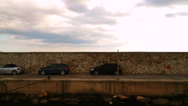 Aerial Shot Flying Marina Sea Wall Revealing Mediterranean Sea Sunset — Wideo stockowe