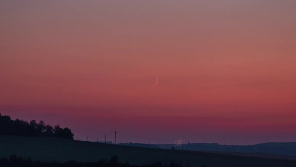 Crescent Moon Set Time Lapse Orange Sky Short Fireworks Horizon — 图库视频影像