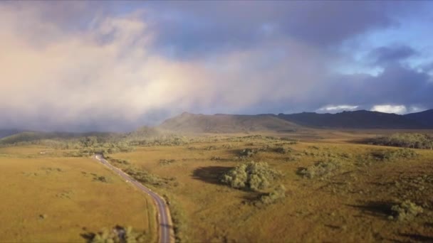 Aerial Flight Foggy Mountains Grassland Tasmania Australia Long Distance Shot — Vídeos de Stock