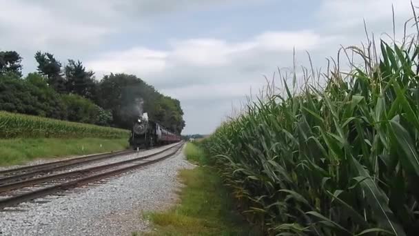 Tren Vapor Soplando Largo Las Tierras Cultivo Amish Visto Por — Vídeo de stock